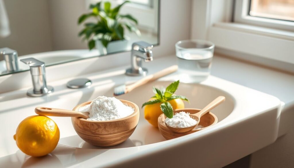 A bright and clean bathroom setting featuring a ceramic sink, with various natural home remedies for teeth stain removal artfully arranged around it. In the foreground, a small wooden bowl filled with baking soda and a spoon, alongside a fresh lemon and a sprig of mint. In the middle, a toothbrush with soft bristles sits next to a glass of water. The background showcases a mirror reflecting a hint of a potted plant, adding a touch of greenery. The lighting is soft and natural, coming from an airy window, creating a calm and inviting atmosphere. The scene exudes a sense of cleanliness and simplicity, emphasizing effective home methods for dental care in a professional, yet relaxed tone.
