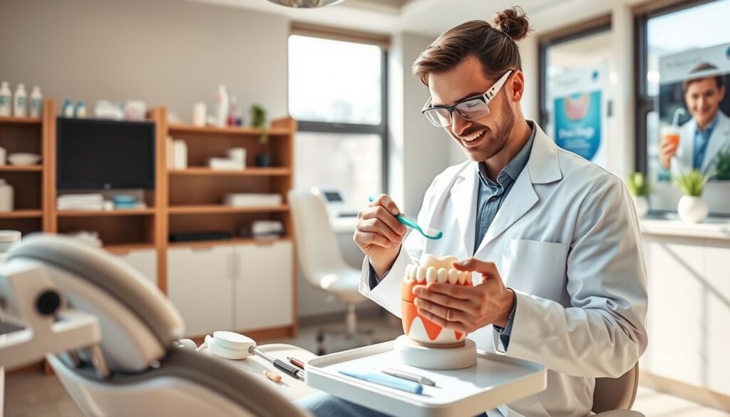 A bright and inviting dental clinic interior, focusing on a modern chair outfitted for patient care, featuring dental tools neatly arranged on a tray. In the foreground, a professional dentist wearing a crisp white coat and safety glasses is demonstrating proper teeth cleaning techniques with a toothbrush on a model of an eye tooth, emphasizing the importance of dental hygiene. Soft natural lighting filters through large windows, creating a warm atmosphere. The background shows shelves with dental care products and posters promoting oral health. The scene conveys a sense of professionalism and care, inspiring viewers to prioritize their eye teeth health.