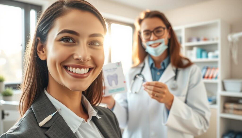 A bright and inviting dental office scene focusing on a smiling person in professional business attire, showcasing a clean and radiant smile with visibly white teeth. The foreground features a close-up of their mouth, highlighting the pearly whiteness of their teeth, with hints of a dental hygiene tool subtly placed nearby. In the middle ground, a dentist in a white coat is holding a dental chart, explaining teeth whitening methods. The background is softly blurred, depicting shelves stocked with dental products like whitening strips and toothpaste. The lighting is warm and natural, enhancing the friendly atmosphere, while a large window lets in soft sunlight to create an uplifting mood. No text or watermarks are present.