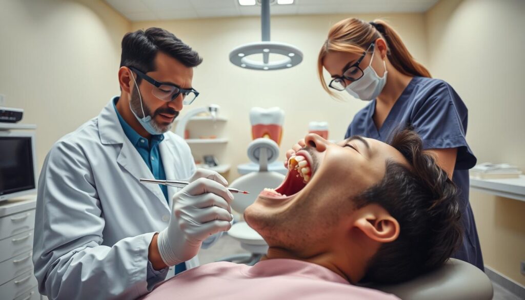 A bright, professional dental clinic setting focused on the treatment of a poisoned tooth. In the foreground, a dentist in a white coat and safety glasses is carefully examining a patient's open mouth, showcasing a concerned expression. The dentist is holding specialized dental tools, while a dental hygienist in scrubs is nearby, ready to assist. In the middle, a high-tech dental chair occupies a well-lit area, surrounded by medical equipment and a large, anatomical model of a tooth on a shelf. The background features calming colors with soft, ambient lighting to create a serene atmosphere. The view captures a bird's-eye perspective, highlighting the clinical environment while focusing on the delicate process of tooth treatment. A bright, professional dental clinic setting focused on the treatment of a poisoned tooth. In the foreground, a dentist in a white coat and safety glasses is carefully examining a patient's open mouth, showcasing a concerned expression. The dentist is holding specialized dental tools, while a dental hygienist in scrubs is nearby, ready to assist. In the middle, a high-tech dental chair occupies a well-lit area, surrounded by medical equipment and a large, anatomical model of a tooth on a shelf. The background features calming colors with soft, ambient lighting to create a serene atmosphere. The view captures a bird's-eye perspective, highlighting the clinical environment while focusing on the delicate process of tooth treatment.