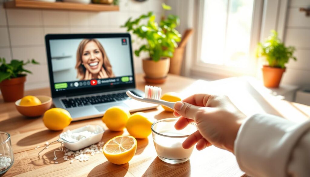 A bright, serene kitchen setting with natural light streaming through a window, illuminating a wooden countertop scattered with fresh lemons, baking soda, and a small bowl of coconut oil. In the foreground, a hand gently holds a soft toothbrush, poised over a mixture of natural whitening ingredients. The middle ground features an open laptop displaying a video tutorial on natural teeth whitening methods, while the background showcases potted herbs, adding a touch of greenery. The atmosphere is inviting and healthy, emphasizing a wholesome approach to dental care. Use a soft focus effect to enhance the warmth of the scene, capturing a moment of self-care and natural beauty, reflecting the benefits of achieving a white smile at home.