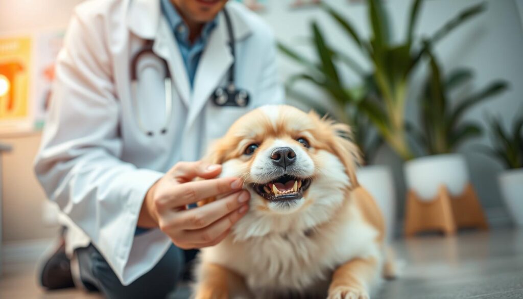 A caring veterinarian gently assisting a small dog experiencing the loss of its baby teeth, showcasing compassion and professionalism. In the foreground, focus on the vet, wearing a white coat, kneeling beside the dog, showcasing gentle hands inspecting the dog's mouth. The middle ground features the dog, a small, fluffy breed like a Pomeranian or a beagle, with a slightly open mouth, showcasing a few missing teeth and a calm expression, while a dental toy is nearby. In the background, a cozy veterinary clinic setting with soft, warm lighting, colorful posters of dental care for pets, and a glimpse of plants, creating a comforting atmosphere. The angle is slightly tilted to emphasize the interaction between the vet and the dog, evoking a sense of trust and care.