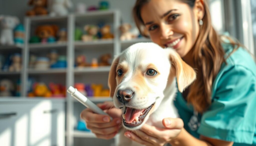 A caring veterinarian in a cozy clinic gently examines a playful puppy during its teething phase. The foreground features the vet, dressed in a smart casual outfit, leaning close to the puppy, inspecting its mouth with a soft dental tool. The puppy, with big expressive eyes and a playful demeanor, has a few baby teeth visibly missing, showcasing the teething process. In the middle background, shelves filled with pet care supplies and colorful toys can be seen, creating a warm and inviting atmosphere. Soft, natural lighting filters through a window, casting gentle shadows that enhance the scene's tenderness and care. The overall mood conveys compassion and support, emphasizing the importance of helping pets during their dental transitions. A caring veterinarian in a cozy clinic gently examines a playful puppy during its teething phase. The foreground features the vet, dressed in a smart casual outfit, leaning close to the puppy, inspecting its mouth with a soft dental tool. The puppy, with big expressive eyes and a playful demeanor, has a few baby teeth visibly missing, showcasing the teething process. In the middle background, shelves filled with pet care supplies and colorful toys can be seen, creating a warm and inviting atmosphere. Soft, natural lighting filters through a window, casting gentle shadows that enhance the scene's tenderness and care. The overall mood conveys compassion and support, emphasizing the importance of helping pets during their dental transitions.