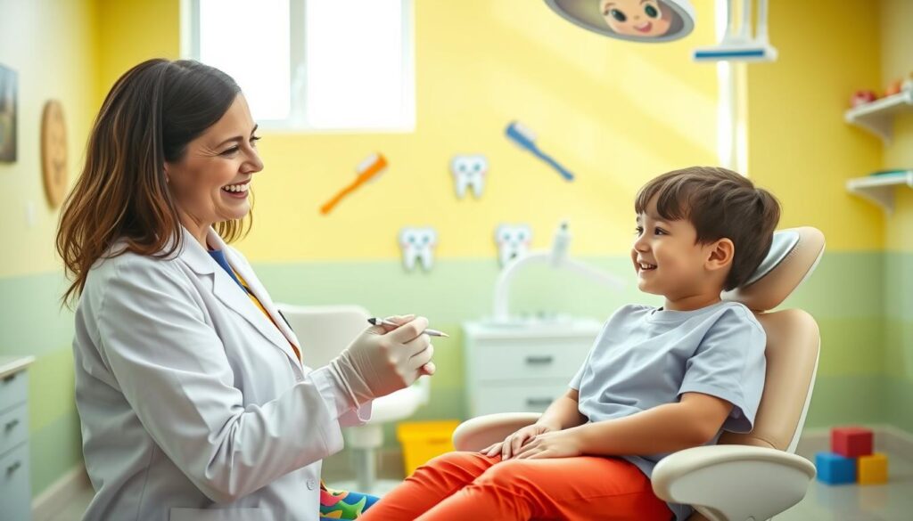 A cheerful pediatric dentist is examining a young child in a bright, playful dental office. The foreground features the dentist, a friendly middle-aged woman in a white coat and colorful scrubs, smiling warmly as she gently holds a dental tool. The child, around eight years old, sits in a comfortable dental chair, looking slightly nervous but reassured by the dentist’s demeanor. In the middle, colorful wall decorations illustrate friendly cartoon teeth and toothbrushes, creating a welcoming atmosphere. The background includes a large window with sunlight streaming in, illuminating the space, and a few toys scattered around to ease the child's anxiety. The overall mood is supportive and caring, emphasizing the importance of seeking dental advice for children. A cheerful pediatric dentist is examining a young child in a bright, playful dental office. The foreground features the dentist, a friendly middle-aged woman in a white coat and colorful scrubs, smiling warmly as she gently holds a dental tool. The child, around eight years old, sits in a comfortable dental chair, looking slightly nervous but reassured by the dentist’s demeanor. In the middle, colorful wall decorations illustrate friendly cartoon teeth and toothbrushes, creating a welcoming atmosphere. The background includes a large window with sunlight streaming in, illuminating the space, and a few toys scattered around to ease the child's anxiety. The overall mood is supportive and caring, emphasizing the importance of seeking dental advice for children.