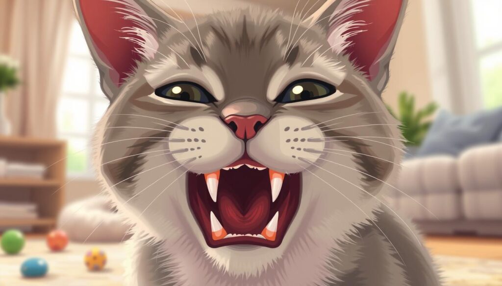 A close-up illustration of a domestic cat, depicting the signs of teething. In the foreground, the cat's mouth is open, revealing its mix of baby teeth and emerging adult teeth, showcasing the teething process. The cat's fur is soft and fluffy, with shades of gray and white, and big expressive eyes exhibiting slight discomfort. The middle ground includes some subtle toys and a cozy bed, suggesting that the cat is in a safe, familiar environment. In the background, gentle, diffused natural light filters through a window, creating a warm and inviting atmosphere. The overall mood is one of gentle concern, highlighting a common experience for cat owners.