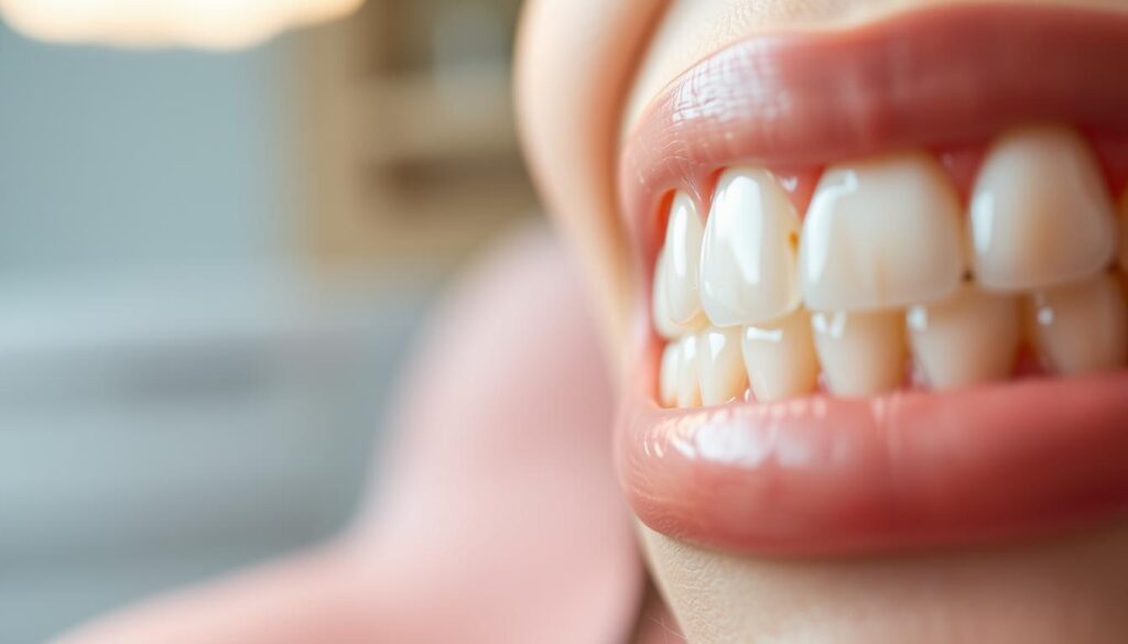 A close-up image featuring two sets of teeth, showcasing the differences between tooth shades A1 and A2. In the foreground, focus on one set of teeth displaying the bright, whitened shade of A1, with a natural, polished glow. Next to it, include a second set of teeth reflecting the softer, more muted hue of A2, with subtle variations in color and texture. In the background, blur out a dental clinic environment to hint at a professional setting, with soft, diffused lighting illuminating the teeth and creating a warm, inviting atmosphere. The lighting should emphasize the clarity and details of the teeth shades, using a slight vignette effect to draw attention to the subject, ensuring a clinical yet approachable mood.