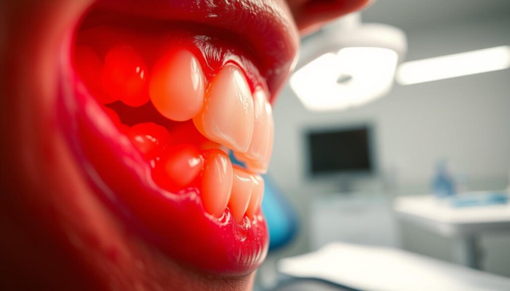 A close-up image focusing on inflamed gums, characterized by a bright red color highlighting the swelling and irritation. The perspective should be from an angle that captures texture details of the gums, making them the primary subject in sharp focus. Surrounding the gums, incorporate a blurred background of a dental examination setting, suggesting a professional environment with dental tools subtly visible. The lighting should be soft yet bright, mimicking clinical fluorescent lights, creating an ambiance that feels informative and serious. Emphasize the healthy teeth adjacent to the gums to contrast the inflammation, reflecting a clear distinction for educational purposes.