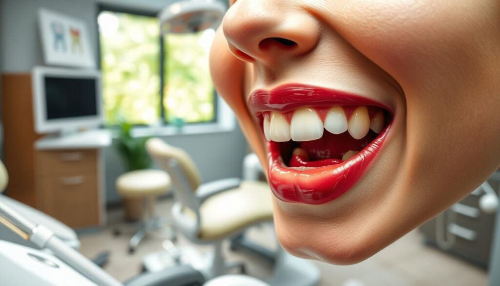 A close-up image of a dental clinic scene focusing on the devastating effects of gum recession. In the foreground, a model's mouth is displayed, showcasing exposed gums with a natural, health-conscious appearance. The middle ground features a modern dental chair and tools, emphasizing cleanliness and professionalism. In the background, soft-focused images of dental charts and a window showing greenery provide a calm atmosphere. The lighting is bright and clinical, enhancing the detail of the dental work and the model's expression, which conveys concern about oral health. The mood is informative and serious, aiming to raise awareness about the consequences of gum disease, without showing explicit dental procedures. A close-up image of a dental clinic scene focusing on the devastating effects of gum recession. In the foreground, a model's mouth is displayed, showcasing exposed gums with a natural, health-conscious appearance. The middle ground features a modern dental chair and tools, emphasizing cleanliness and professionalism. In the background, soft-focused images of dental charts and a window showing greenery provide a calm atmosphere. The lighting is bright and clinical, enhancing the detail of the dental work and the model's expression, which conveys concern about oral health. The mood is informative and serious, aiming to raise awareness about the consequences of gum disease, without showing explicit dental procedures.