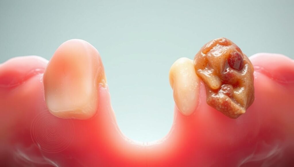 A close-up image of a healthy gum tissue contrasted with signs of gum cancer, focusing on two sections: the vibrant pink of healthy gums on one side and the swollen, discolored, and ulcerated appearance of cancerous gums on the other. This image should clearly illustrate the differences, showcasing irregularities like growths and color changes. The lighting should be bright and clinical, mimicking a medical examination room, to emphasize details and textures. The background is smooth and blurred to keep attention on the gums, with a subtle, neutral color palette that conveys a serious and informative mood. No text, watermarks, or other distractions are present.