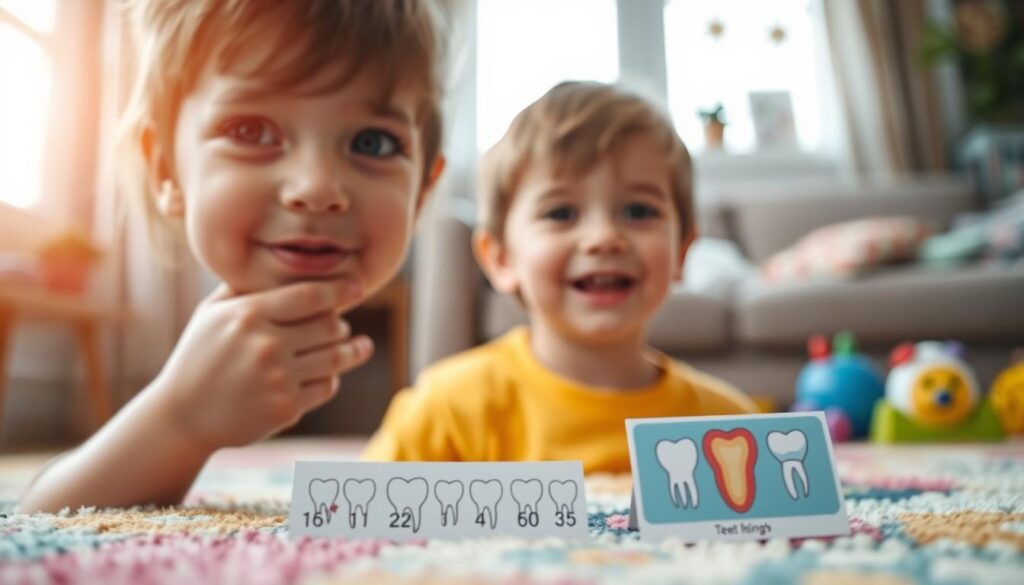 A close-up image of a young child, around 6 years old, with a curious expression as they feel their gums, indicating the beginning of permanent tooth emergence. The child is wearing a brightly colored, modest t-shirt, and their face is framed by soft natural light coming from a window, enhancing the warmth and innocence of the moment. In the foreground, a small tooth chart lies on a colorful carpet, depicting common signs of teething. In the background, a cozy living room with playful decorations and toys subtly illustrates the child's environment. The focus is sharp on the child, while the background is slightly blurred, emphasizing the child's emotions and the atmosphere of curiosity and transition.