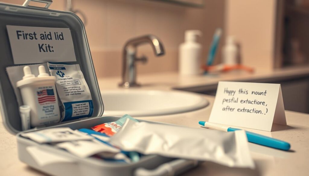 A close-up of a dental care scene focused on post-tooth extraction care. In the foreground, an open first aid kit displays gauze pads, antiseptic, and an ice pack, symbolizing essential care items. In the middle, a hygienic sink with soap and a toothbrush suggests the importance of maintaining oral hygiene after extraction. In the background, soft, warm lighting creates a calming atmosphere, reflecting a home environment. On a nearby counter, a gentle reminder note about aftercare is placed, emphasizing the importance of following instructions. The overall mood is comforting and reassuring, suitable for a health-focused article. Visualize the image with a shallow depth of field to emphasize the foreground items while softly blurring the background elements.