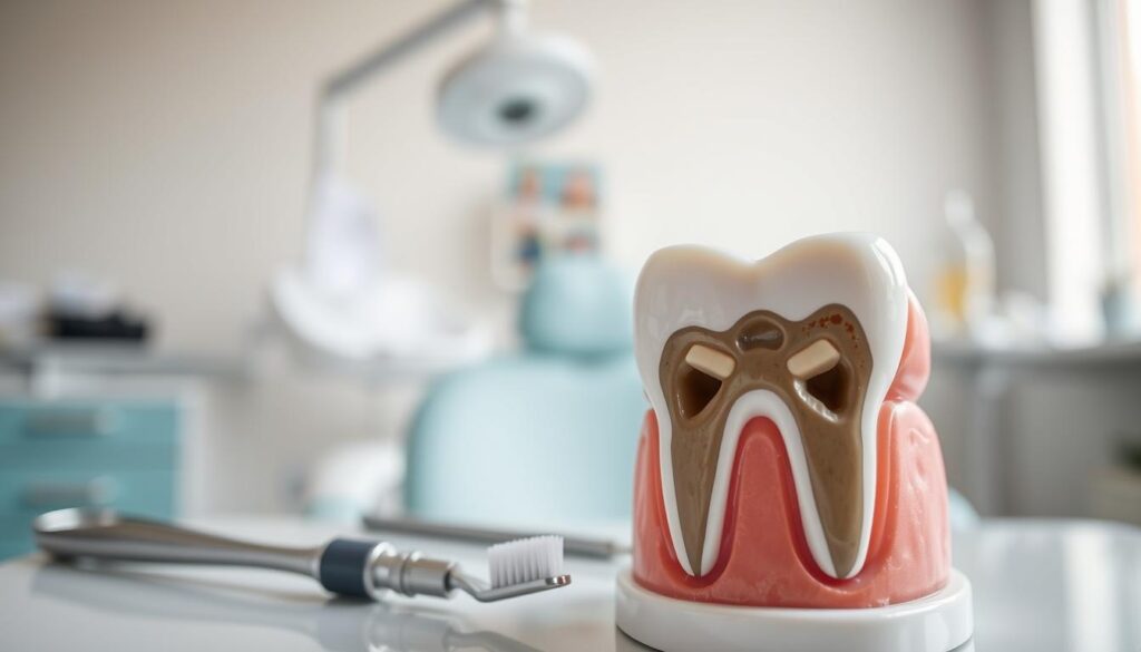 A close-up of a dental model showcasing cavities in a tooth to illustrate the causes of tooth decay. The foreground features a realistic, detailed tooth with dark cavities and plaque buildup, highlighting factors like sugar and bacteria. In the middle, include dental tools like a scaler and brush, representing dental care. The background should softly blur into a dentist's office, emphasizing a clean, clinical environment with bright, natural lighting illuminating the scene. Use a slight upward angle to focus on the tooth model while maintaining a professional atmosphere. The overall mood conveys a serious yet informative tone, suitable for educational purposes without any text or distractions.