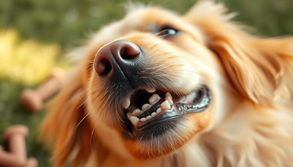 A close-up of a dog's mouth showcasing retained milk teeth, surrounded by a gentle, soft-focus environment to convey a calm atmosphere. The dog's fur is golden and fluffy, emphasizing its playful nature. The retained milk teeth are slightly visible, enlightening the viewer about dental health in dogs. The lighting is warm and diffuse, highlighting the details of the dog's teeth while creating a cozy ambiance. The angle is slightly tilted from the side to give a comprehensive view of the dog's mouth and teeth. In the background, hint of dog toys or a grassy surface suggests a friendly, pet-friendly setting. Overall, the image should encourage curiosity and understanding of canine dental issues, inviting viewers into a thoughtful exploration of this important health aspect.