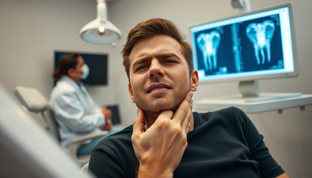 A close-up shot of a patient seated in a modern dental clinic, showcasing their slightly tense expression while gently touching their jaw. In the foreground, a dental chair with bright, sterile instruments can be seen, highlighting the clinical environment. The background features a dental professional in a white lab coat, examining X-rays on a lighted board. The scene is illuminated with soft, diffused lighting to create a calm yet serious atmosphere, emphasizing the tension of post-treatment pain. The angle captures the patient’s discomfort yet conveys a sense of professionalism in the dental setting, focusing on the experience of pain after root canal treatment. The overall mood is one of resilience, seeking relief in a compassionate, clinical environment. A close-up shot of a patient seated in a modern dental clinic, showcasing their slightly tense expression while gently touching their jaw. In the foreground, a dental chair with bright, sterile instruments can be seen, highlighting the clinical environment. The background features a dental professional in a white lab coat, examining X-rays on a lighted board. The scene is illuminated with soft, diffused lighting to create a calm yet serious atmosphere, emphasizing the tension of post-treatment pain. The angle captures the patient’s discomfort yet conveys a sense of professionalism in the dental setting, focusing on the experience of pain after root canal treatment. The overall mood is one of resilience, seeking relief in a compassionate, clinical environment.