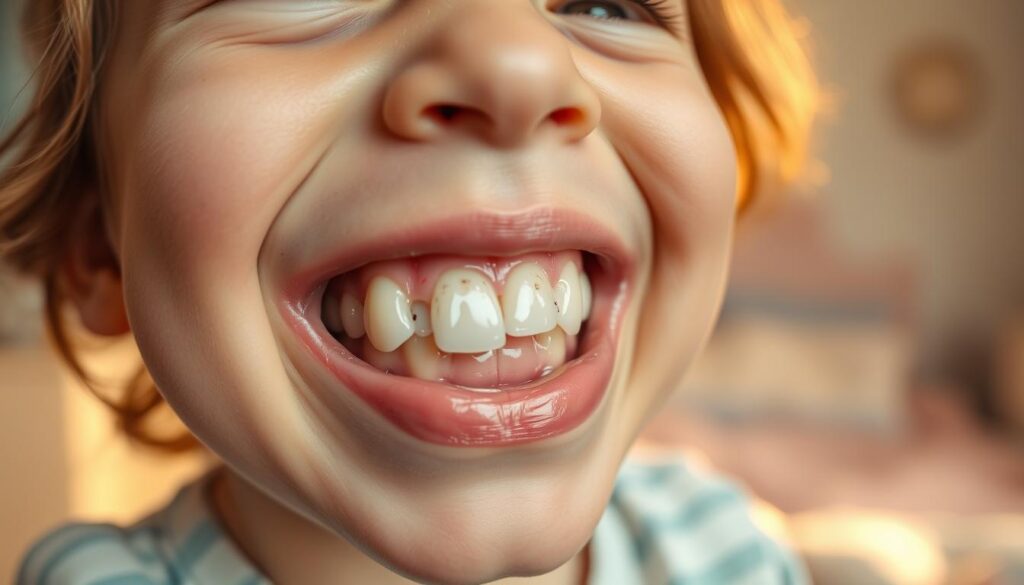 A close-up view of a child's mouth showing the process of losing baby teeth, specifically highlighting the front teeth with slight gaps, indicating their impending fall. The child's facial expression should reflect a mix of curiosity and slight discomfort. The foreground focuses on the child's mouth, with a soft focus on the teeth, exposing the fresh grown adult teeth underneath. In the background, a blurred child’s bedroom setting, softly lit by warm sunlight coming through a window, to create a cozy and relatable atmosphere. Ensure the child appears happy and healthy, wearing a casual, comfortable outfit. The overall mood should evoke a sense of natural growth and change, capturing the transitional phase of losing baby teeth.