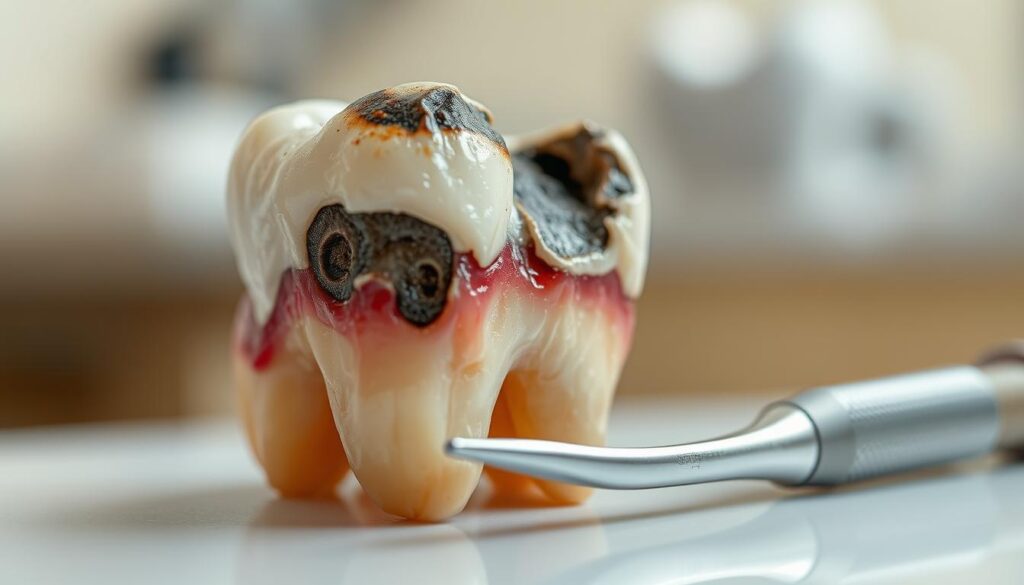 A close-up view of a decayed tooth, showcasing the intricate details of dental caries. The foreground features a single molar tooth, with visible dark spots and areas of deterioration, emphasizing the texture of enamel and dentin. Surrounding the tooth, there are hints of plaque buildup and the early signs of gum inflammation. In the middle ground, a dental tool is placed gently beside the tooth, indicating a clinical setting. The background is blurred, resembling a dentist’s office with soft lighting to create a professional atmosphere. The overall mood is educational and informative, capturing a realistic depiction of tooth decay without any distractions from text or watermarks.
