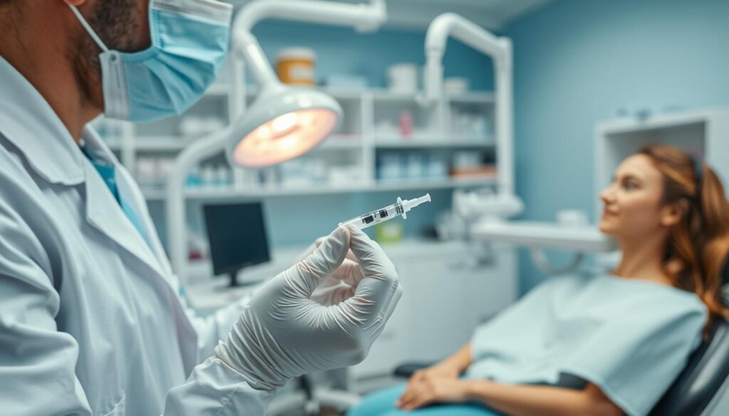 A close-up view of a dental clinic setting, featuring a clean and organized dental chair with a patient preparing for a tooth extraction. In the foreground, a professional dentist in a white coat, wearing medical gloves and a mask, is holding a syringe filled with antibiotics, discussing the treatment plan with the patient. The mid-ground captures bright, clinical equipment and a dental lamp casting soft light, creating a sterile yet reassuring atmosphere. The background includes shelves of dental supplies, ensuring a professional and informative tone. The image should convey a sense of trust and care, emphasizing the importance of antibiotics post-extraction. Use soft focus for the background to draw attention to the interaction.