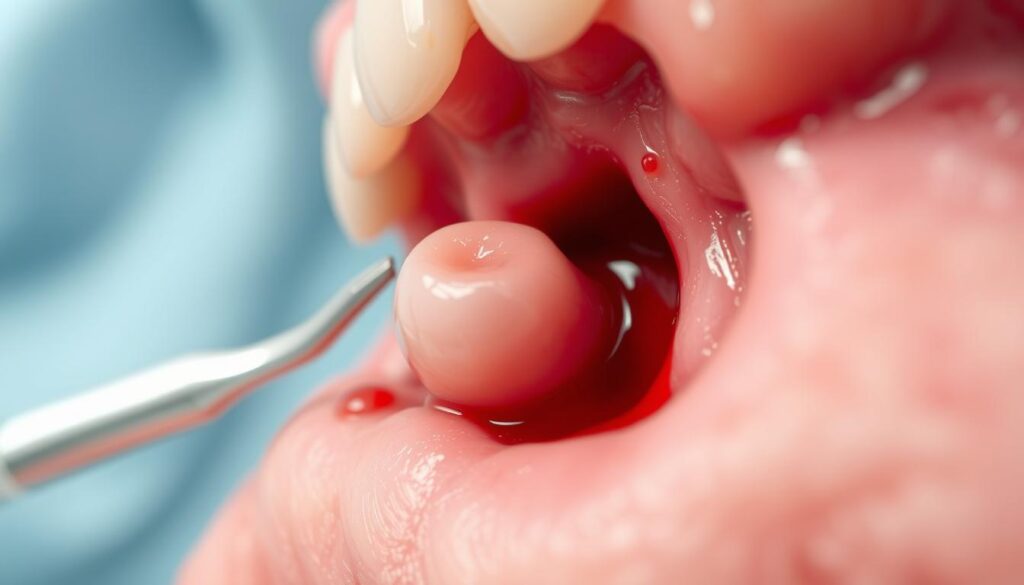 A close-up view of a dental extraction site showcasing a healthy blood clot formed after tooth removal. The foreground features a detailed focus on the clot, illustrating its texture and color, with small droplets of blood around it. The middle ground shows the surrounding gum tissue, slightly inflamed yet clearly healing, with delicate shades of pink and red. In the background, a blurred dental tool and a surgical drape enhance the clinical setting without drawing attention away from the main subject. Soft, natural lighting creates a sterile ambiance, emphasizing cleanliness and medical professionalism. The angle is slightly tilted downward, providing a clear perspective of the extraction site, conveying an informative and educational atmosphere.