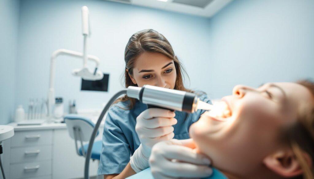 A close-up view of a dental hygienist performing a teeth sandblasting procedure in a modern dental office. In the foreground, a dental hygienist in professional attire gently operates a sandblasting device aimed at a patient's teeth, which are visible and illuminated under bright, clinical lighting. The hygienist's focused expression conveys expertise and care. In the middle background, an assortment of dental tools and equipment is organized neatly on a counter, alongside a dental chair. The environment is bright and sterile, with soft blue and white tones to evoke professionalism. The overall atmosphere is calm and reassuring, emphasizing the hygienic and effective nature of the teeth sandblasting process. The image should be crisp, with a shallow depth of field to highlight the action in the foreground.