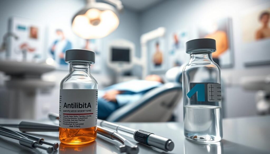 A close-up view of a dental setting showcasing an antibiotic vial prominently displayed in the foreground, surrounded by dental tools like forceps and syringes. The middle ground features a dental chair with an overhead light illuminating a partially visible dental patient reclined in the chair, wearing a blue dental bib. In the background, soft-focus dental equipment and medical posters provide context to the setting, creating a clinical atmosphere. The scene is lit with bright, sterile lighting that highlights the professional nature of the environment, evoking a sense of trust and care. The composition should convey the seriousness of dental treatment and the role of antibiotics in oral health, emphasizing cleanliness and professionalism. A close-up view of a dental setting showcasing an antibiotic vial prominently displayed in the foreground, surrounded by dental tools like forceps and syringes. The middle ground features a dental chair with an overhead light illuminating a partially visible dental patient reclined in the chair, wearing a blue dental bib. In the background, soft-focus dental equipment and medical posters provide context to the setting, creating a clinical atmosphere. The scene is lit with bright, sterile lighting that highlights the professional nature of the environment, evoking a sense of trust and care. The composition should convey the seriousness of dental treatment and the role of antibiotics in oral health, emphasizing cleanliness and professionalism.
