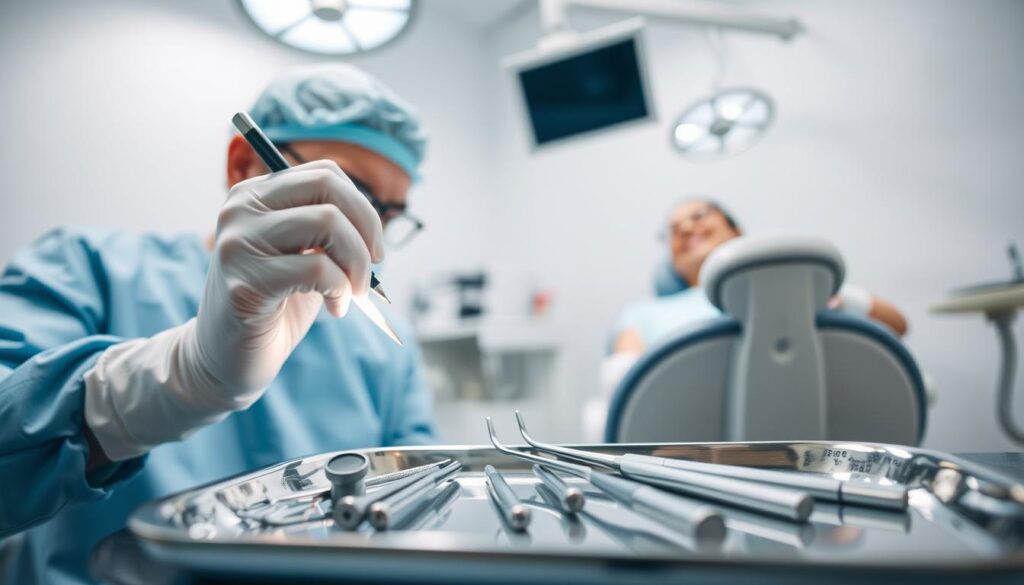 A close-up view of a dentist’s clinic interior focused on dental treatment for tooth poisoning. In the foreground, an experienced dentist, wearing professional attire and a surgical mask, carefully examines an extracted tooth under a bright LED light. The middle ground displays dental tools, such as a dental mirror and forceps, arranged neatly on a stainless steel tray. In the background, a patient reclines in a dental chair, looking relieved after a procedure, with calming blue and white color tones enhancing the atmosphere. The scene is illuminated with soft, diffused lighting that creates a sterile yet welcoming ambiance, capturing the essence of modern dental care. A close-up view of a dentist’s clinic interior focused on dental treatment for tooth poisoning. In the foreground, an experienced dentist, wearing professional attire and a surgical mask, carefully examines an extracted tooth under a bright LED light. The middle ground displays dental tools, such as a dental mirror and forceps, arranged neatly on a stainless steel tray. In the background, a patient reclines in a dental chair, looking relieved after a procedure, with calming blue and white color tones enhancing the atmosphere. The scene is illuminated with soft, diffused lighting that creates a sterile yet welcoming ambiance, capturing the essence of modern dental care.