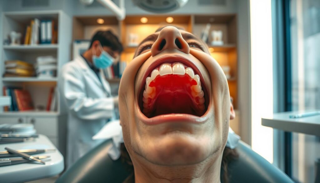 A close-up view of a dentist's examination room focused on the gums of a patient in a professional setting. The foreground features a set of dental tools and a dental chair with a patient wearing a white dental bib, presenting their open mouth with visibly receded gums. In the middle ground, a dental care professional in a white lab coat is attentively examining the patient's gums with a dental mirror, highlighting the problem area. The background shows shelves filled with dental books and models of teeth, softly illuminated with warm lighting to create a welcoming atmosphere. The overall mood reflects professionalism and concern for dental health, emphasizing the importance of gum care and the reasons behind gum recession. A close-up view of a dentist's examination room focused on the gums of a patient in a professional setting. The foreground features a set of dental tools and a dental chair with a patient wearing a white dental bib, presenting their open mouth with visibly receded gums. In the middle ground, a dental care professional in a white lab coat is attentively examining the patient's gums with a dental mirror, highlighting the problem area. The background shows shelves filled with dental books and models of teeth, softly illuminated with warm lighting to create a welcoming atmosphere. The overall mood reflects professionalism and concern for dental health, emphasizing the importance of gum care and the reasons behind gum recession.