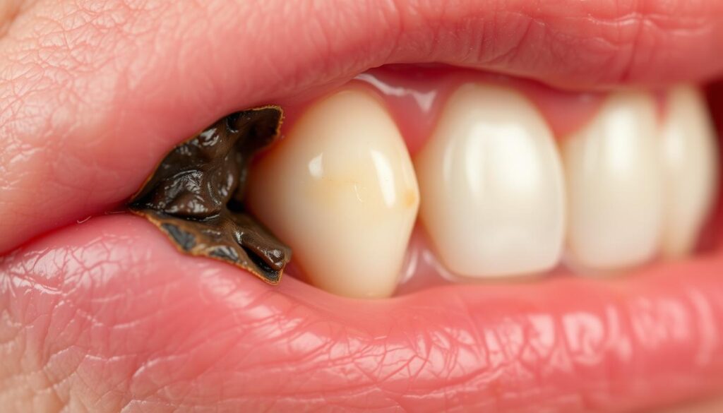 A close-up view of a human gum showing a noticeable cavity next to a tooth, emphasizing the texture and color variations of the gum tissue. The foreground focuses on the cavity, highlighting its irregular shape and dark coloration against the healthy pink gum. In the middle, the tooth adjacent to the cavity is depicted with a natural sheen, showcasing details like enamel and potential decay. The background is softly blurred to emphasize the main subjects, with gentle, diffused lighting creating a clinical yet approachable atmosphere. The overall mood is serious and educational, conveying concern about dental health. The image should feature medically accurate representations without any additional text, making it suitable for informative content.