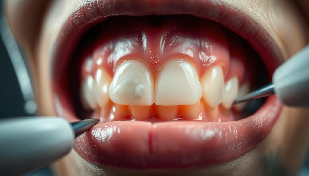 A close-up view of a human mouth displaying a white lesion or spot on healthy pink gums. The focus is sharp on the gums, employing a macro lens to highlight textures and details. Soft, diffused lighting illuminates the area, creating a calm and clinical atmosphere. In the background, faint outlines of dental tools are subtly visible, emphasizing a dental examination context. The mood is informative and professional, reflecting a clinical setting, inviting a sense of trust and care. The image should be free of any text or watermarks, showcasing only the anatomical detail of the gums in a safe, educational manner. A close-up view of a human mouth displaying a white lesion or spot on healthy pink gums. The focus is sharp on the gums, employing a macro lens to highlight textures and details. Soft, diffused lighting illuminates the area, creating a calm and clinical atmosphere. In the background, faint outlines of dental tools are subtly visible, emphasizing a dental examination context. The mood is informative and professional, reflecting a clinical setting, inviting a sense of trust and care. The image should be free of any text or watermarks, showcasing only the anatomical detail of the gums in a safe, educational manner.