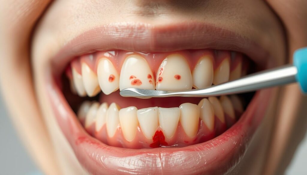 A close-up view of a human mouth displaying the symptoms of gum cancer, focusing on the gums showing visible signs of inflammation, discoloration, and irregularities. The foreground highlights the details of the gums, such as red patches and potential lesions, with a soft focus on the teeth. In the middle, a dental explorer tool lightly touches one of the inflamed areas, emphasizing a clinical perspective. The background is a neutral color, like soft gray, to avoid distraction and maintain professionalism. The lighting is bright and even, enhancing the clarity of details, reminiscent of a well-lit dental examination room. The overall mood is clinical and informative, aimed at providing a clear visual of the symptoms for educational purposes.