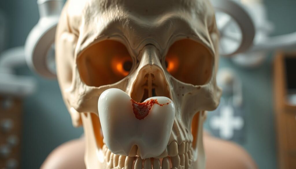 A close-up view of a human skull, with a focus on the sinus cavities, highlighting inflammation. In the foreground, a tooth with visible decay overlaps slightly with the sinuses, illustrating the connection between dental health and sinus issues. The middle ground features soft, diffused lighting enhancing the contours of the skull and emphasizing the damaged tooth. The background should be a blurred dental office setup with dental tools, giving context to the importance of oral health. The overall mood is clinical, educational, and slightly somber, inviting viewers to reflect on the significance of maintaining good oral hygiene to prevent sinusitis symptoms. The angle is slightly tilted downward, creating a view that is both engaging and informative.