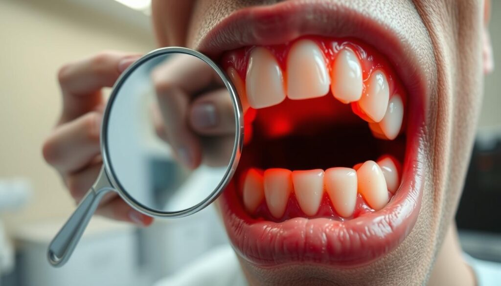 A close-up view of a human tooth with an abscess on the gums, showcasing clear signs of infection. The foreground features the tooth and surrounding gums highlighted with reddish inflammation, emphasizing the painful symptoms. In the middle, depict a hand holding a dental mirror, reflecting the severity of the dental issue. The background should be a softly blurred dental clinic setting, suggesting a professional environment. Use bright, clinical lighting to enhance the visibility of the details and convey a sense of urgency. The mood should be serious, aiming to educate viewers about the symptoms and effects of a dental abscess. Focus on clarity and realism, ensuring a sterile and professional aesthetic.