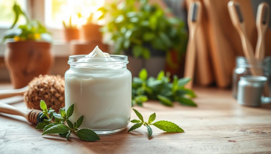 A close-up view of a jar of natural dental paste made with organic ingredients like coconut oil, baking soda, and essential oils, surrounded by fresh herbs such as mint and sage. The jar is set on a wooden countertop that showcases a rustic kitchen atmosphere. In the background, warm, natural lighting filters through a window, illuminating various herbal plants and bamboo toothbrushes, enhancing the eco-friendly vibe. The focus is on the texture of the paste, making it look creamy and inviting. The composition conveys a sense of care and health, encouraging viewers to explore the benefits of natural dental care. A close-up view of a jar of natural dental paste made with organic ingredients like coconut oil, baking soda, and essential oils, surrounded by fresh herbs such as mint and sage. The jar is set on a wooden countertop that showcases a rustic kitchen atmosphere. In the background, warm, natural lighting filters through a window, illuminating various herbal plants and bamboo toothbrushes, enhancing the eco-friendly vibe. The focus is on the texture of the paste, making it look creamy and inviting. The composition conveys a sense of care and health, encouraging viewers to explore the benefits of natural dental care.