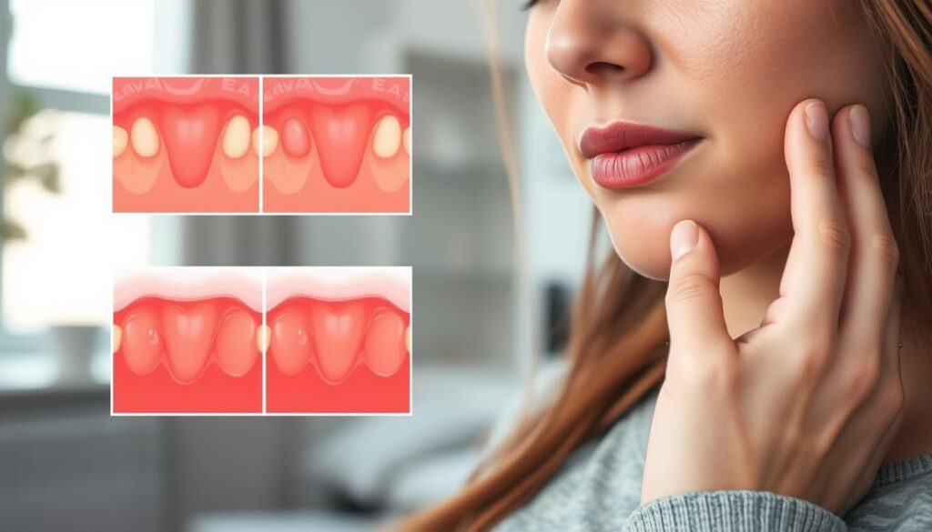 A close-up view of a pregnant woman gently touching her face, with a concerned expression reflecting the emotional strain of gum bleeding during pregnancy. The foreground focuses on her lips and her hand, with subtle signs of gum inflammation. In the middle, a detailed illustration of healthy versus unhealthy gums, showing color variations and textures. The background features a calming, soft-colored medical office setting with natural light streaming through a window, creating a serene atmosphere. The woman is dressed in professional casual attire, conveying a sense of comfort and care. The image should evoke a feeling of concern and the importance of oral health during pregnancy, emphasizing the connection between expecting mothers and their dental wellbeing.