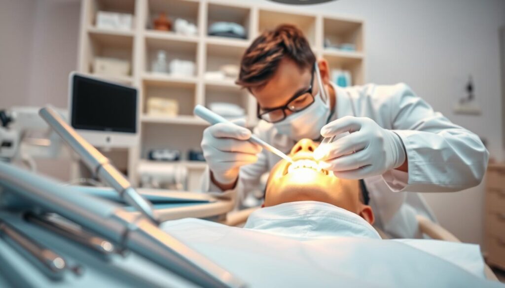 A close-up view of a professional dental setting focusing on a dentist and a patient, illustrating the treatment of a white spot on the gum. The foreground features detailed dental tools and a bright dental chair. The middle ground shows the dentist, dressed in a white coat and gloves, gently examining the patient’s mouth with a dental mirror and flashlight, highlighting the affected area on the gum. The background is softly blurred, depicting shelves with dental supplies and a calm, sterilized environment. Soft, warm lighting enhances the atmosphere of care and professionalism, while the composition conveys a sense of trust and reassurance in dental health. The angle is slightly above eye level, capturing the important interaction between the dentist and patient. A close-up view of a professional dental setting focusing on a dentist and a patient, illustrating the treatment of a white spot on the gum. The foreground features detailed dental tools and a bright dental chair. The middle ground shows the dentist, dressed in a white coat and gloves, gently examining the patient’s mouth with a dental mirror and flashlight, highlighting the affected area on the gum. The background is softly blurred, depicting shelves with dental supplies and a calm, sterilized environment. Soft, warm lighting enhances the atmosphere of care and professionalism, while the composition conveys a sense of trust and reassurance in dental health. The angle is slightly above eye level, capturing the important interaction between the dentist and patient.
