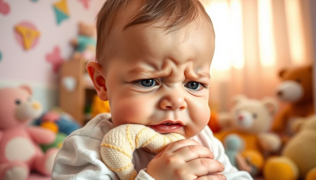 A close-up view of a teething infant experiencing tenderness and discomfort. The baby has a slight frown, holding a soft teething toy in a colorful, cozy nursery filled with plush toys. The foreground captures the baby's expressive face with shiny, watery eyes, emphasizing signs of teething pain, such as drooling and swollen gums. The background is softly blurred, featuring pastel-colored walls and a soft, inviting light streaming in from a nearby window, creating a warm and nurturing atmosphere. The image is shot at a slight angle to enhance the depth and emotion, highlighting the bond between the baby and the environment.