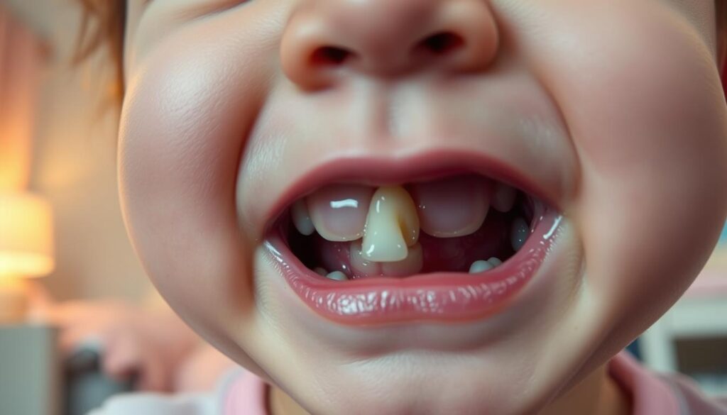 A close-up view of a young child's mouth during the teething process, showing a tooth emerging through the gums. The child has a mild expression of discomfort, with slightly pursed lips reflecting the common symptoms of teething. The foreground highlights the child's gums and the barely-visible tooth, emphasizing the transition from gum to tooth. In the background, a warm, softly lit nursery with pastel colors creates a comforting atmosphere. The lighting focus is gentle, highlighting the child's face and mouth while keeping the background slightly blurred to maintain focus. The mood is calm yet slightly tense, capturing the emotional experience of teething. The image is to be devoid of any text or annotations.