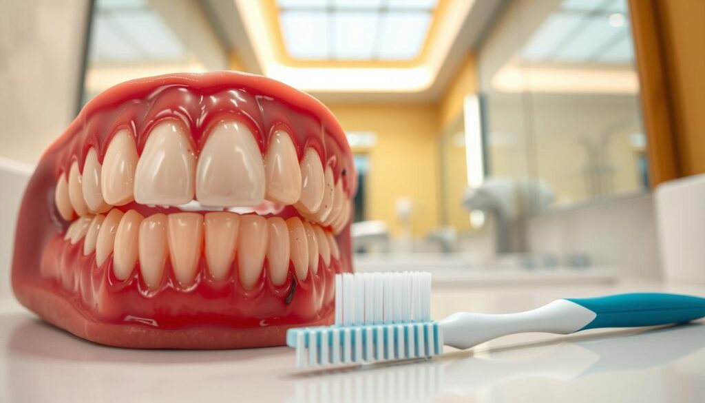 A close-up view of healthy and inflamed gums side by side to illustrate "gum inflammation symptoms." The foreground features a realistic depiction of shiny, red swollen gums with slight bleeding, showcasing periodontal issues clearly. The middle ground includes a toothbrush and dental floss, indicating dental care, laid out neatly on a bathroom counter. In the background, a soft-focus mirror reflects a professional dental setting with bright, warm lighting that creates a clear and educational atmosphere. The angle is slightly above eye level, emphasizing the contrast between healthy and inflamed gums. The mood is clinical yet approachable, designed to educate viewers about dental health. No text or overlays are included.