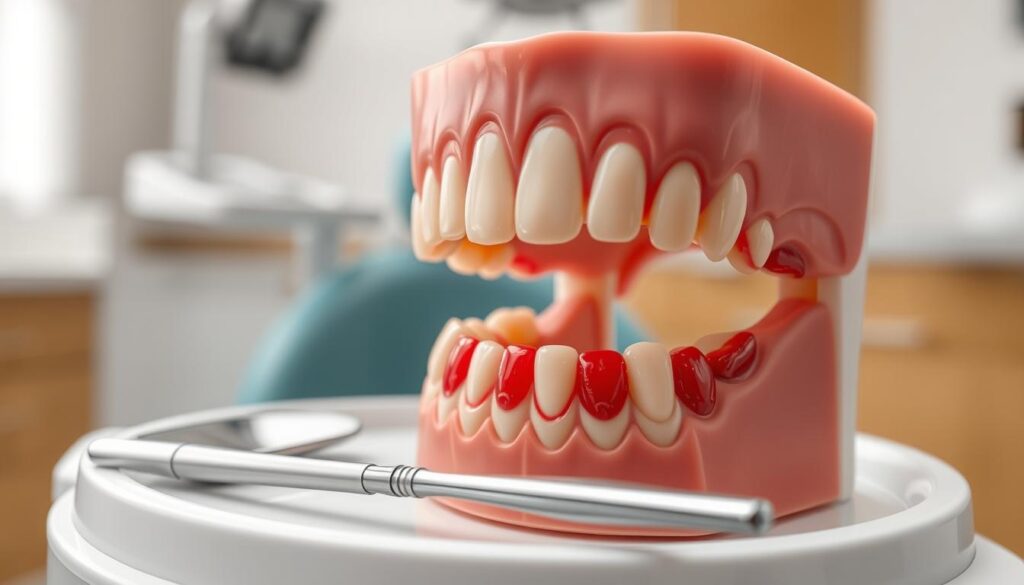 A close-up view of healthy and unhealthy gums, showcasing various types of gum changes such as recession, inflammation, and discoloration. In the foreground, focus on a detailed, realistic representation of a dental model highlighting the differences between normal and affected gums, using vibrant colors to emphasize healthy pink tissue versus unhealthy red and swollen areas. In the middle ground, include dental instruments like an explorer and mirror placed neatly on an examination tray, suggesting a clinical environment. The background should feature soft, diffused lighting to create an informative and professional atmosphere, with a blurred dental office setting providing context. The overall mood should be educational and inviting, perfect for visually explaining dental health concepts.