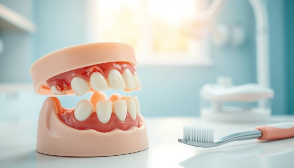 A close-up view of healthy gums and teeth to contrast symptoms of gum inflammation during pregnancy. In the foreground, portray a dental model displaying swollen, reddened gums and potential plaque buildup. The middle section features a soft focus of dental tools and a gentle toothbrush, emphasizing oral care. The background includes a calm, light blue dental clinic environment with natural sunlight streaming through a window, creating a serene and professional atmosphere. Use a macro lens effect to highlight the details of the gum condition. The overall mood is informative and reassuring, suitable for health awareness. Avoid any human figures; focus solely on the dental model and tools, ensuring a clean, clinical appearance.