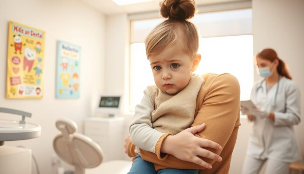 A concerned parent, dressed in modest casual clothing, holds a young child whose expression conveys uncertainty and mild discomfort, indicating a dental visit scenario. The scene is set in a brightly lit and welcoming dental clinic waiting room, showcasing colorful children's dental posters on the walls. In the foreground, a small dental chair is visible, along with a dental hygienist in professional attire, reassuringly explaining dental procedures. The background features a large window letting in warm, natural light, creating a calm and inviting atmosphere. Soft, pastel colors dominate the space, evoking a sense of safety and support for young patients. The composition should be warm and approachable, capturing the essence of when to consider seeing a dentist for children's dental health.