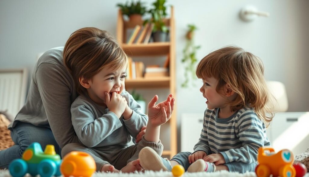 A concerned parent gently examining a young child experiencing the discomfort of teething, set in a softly-lit, cozy living room. The child, around 5 years old, is wearing casual, comfortable clothing, showing signs of teething with a slight grimace, holding their cheek in distress. In the foreground, a few children's toys are scattered, indicating a playful environment. In the middle ground, the parent kneels beside the child, offering comfort with a warm smile, enhancing the caring atmosphere. In the background, a shelf filled with children's books and plants adds warmth and homeliness to the scene. The lighting is bright yet soft, creating a nurturing and peaceful ambiance, perfect for conveying the challenges of teething in children.
