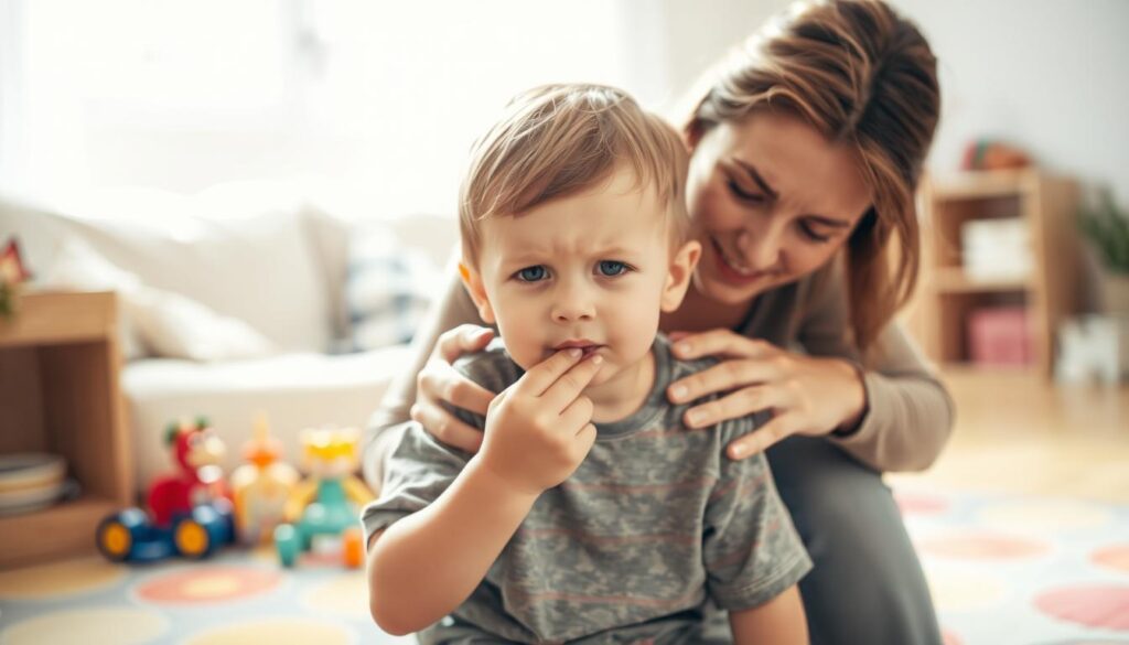 A concerned parent gently kneeling beside a young child in a cozy, brightly-lit living room, showcasing the signs of teething with a soft focus on the child's face. The child, around 4 years old, is wearing a casual t-shirt, slightly frowning while holding their cheek, indicating discomfort. In the background, toys and a colorful rug create a warm, inviting atmosphere. Soft natural light filters through a window, enhancing the mood of care and concern. The composition captures the intimate moment of a child's teething experience, emphasizing the emotional bond and the parental instinct to help. A slight blur adds depth, drawing attention to the child's expression while maintaining a calm and supportive environment.