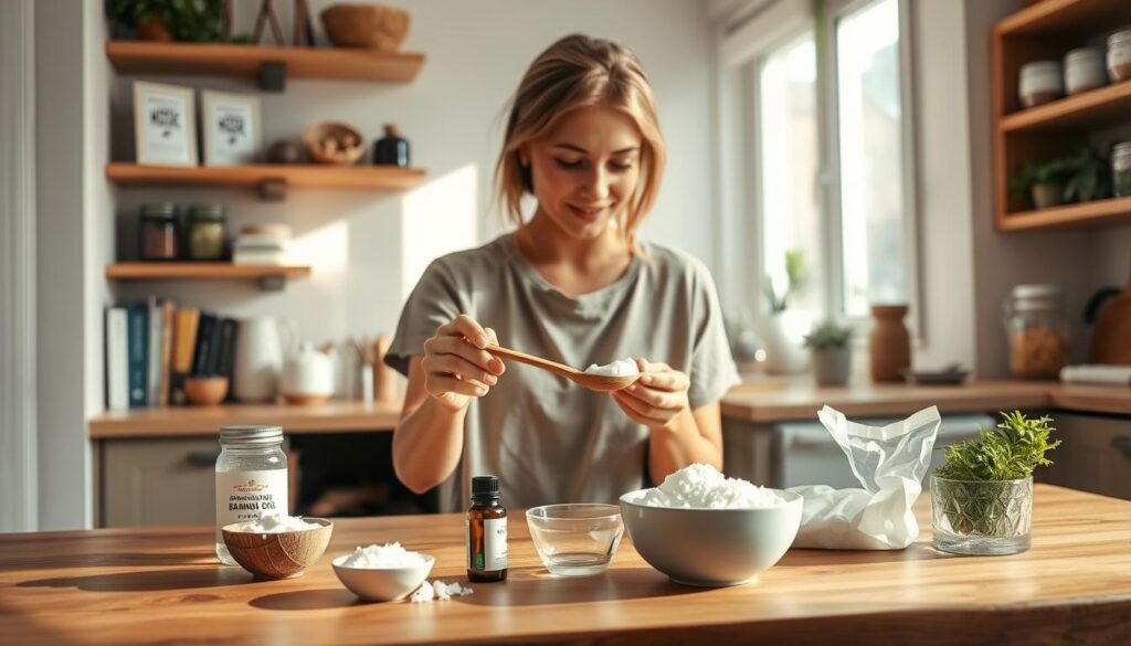 A cozy kitchen scene featuring a person in modest casual clothing, carefully preparing a natural toothpaste recipe. In the foreground, a wooden table is adorned with ingredients such as coconut oil, baking soda, essential oils, and a small mixing bowl. The person, with an engaged expression, is measuring out the ingredients with a wooden spoon. In the middle background, shelves filled with natural health books and jars of herbs create an inviting atmosphere. Soft, warm lighting filters through a nearby window, casting gentle shadows that enhance the homey feel of the scene. The focus is on the process of making the toothpaste, emphasizing a DIY, natural approach to dental care, with no distractions or text in the image. A cozy kitchen scene featuring a person in modest casual clothing, carefully preparing a natural toothpaste recipe. In the foreground, a wooden table is adorned with ingredients such as coconut oil, baking soda, essential oils, and a small mixing bowl. The person, with an engaged expression, is measuring out the ingredients with a wooden spoon. In the middle background, shelves filled with natural health books and jars of herbs create an inviting atmosphere. Soft, warm lighting filters through a nearby window, casting gentle shadows that enhance the homey feel of the scene. The focus is on the process of making the toothpaste, emphasizing a DIY, natural approach to dental care, with no distractions or text in the image.