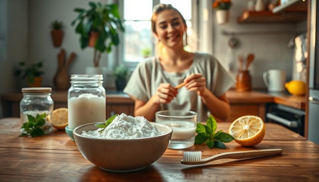 A cozy kitchen scene illuminated by soft, warm lighting. In the foreground, a wooden table is adorned with various natural ingredients for teeth whitening: a bowl of baking soda, a jar of coconut oil, fresh mint leaves, and a half-cut lemon. A bamboo toothbrush rests beside the bowl, highlighting a natural approach. In the middle, a person dressed in a casual, modest outfit is seen preparing a homemade whitening paste, with a joyful expression on their face, symbolizing the theme of self-care and health. The background features a window with sunlight streaming in, potted plants adding a touch of freshness, creating an inviting and calm atmosphere.