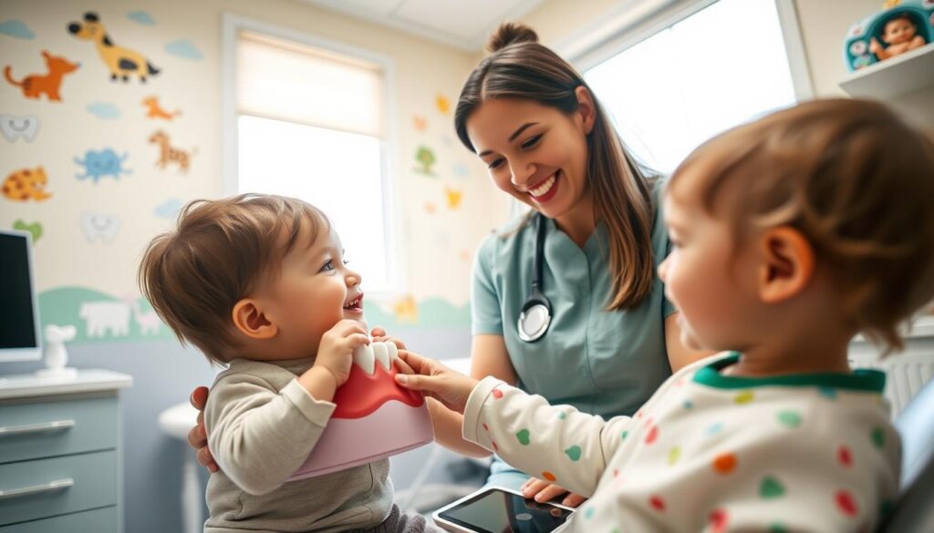 A cozy pediatric dentist's office, featuring a cheerful and inviting atmosphere that illustrates the theme of teething and the emergence of baby teeth. In the foreground, a friendly dental hygienist in modest casual attire is gently showing a young child, around 1 to 2 years old, a large, colorful model of a mouth with baby teeth. The child is curiously reaching out to touch the model. In the middle ground, a colorful wall decorated with playful illustrations of animals and smiling teeth adds to the cheerful ambiance. Soft, natural lighting streams through a window, creating a warm and inviting feel, while a close-up angle highlights the interaction between the hygienist and the child, conveying a sense of care and learning.