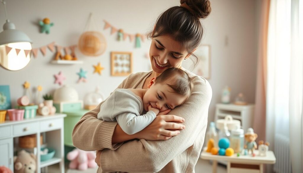 A cozy, softly lit nursery filled with pastel colors and whimsical decor. In the foreground, a gentle and attentive parent cradles a teething infant, showing comfort and care. The parent wears casual, modest clothing, reflecting warmth and support. In the middle ground, a variety of teething toys and natural remedies are artistically arranged, symbolizing ways to soothe the baby's discomfort. The background features a serene view of a sunlit window with sheer curtains, casting a warm glow that enhances the calming atmosphere. The overall mood is nurturing and peaceful, inviting viewers to connect with the tender moment of helping a child through teething challenges.