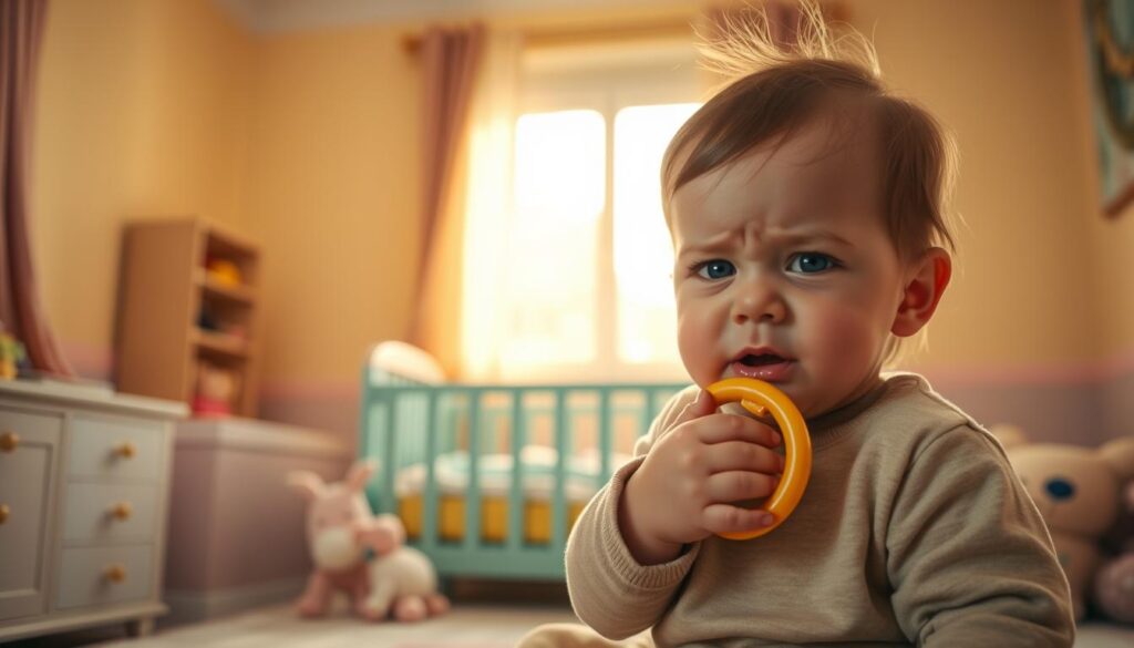 A cozy, warm nursery scene depicting a toddler experiencing the symptoms of teething. In the foreground, the child, dressed in comfortable, modest clothing, has a fussy expression, with a teething ring in one hand and drool slightly visible on their chin. The middle layer features a gently lit, colorful crib surrounded by plush toys. In the background, soft pastel walls create a calming atmosphere, with a bright window allowing warm sunlight to filter through. The lighting casts a soft glow, highlighting the child's discomfort while maintaining a peaceful environment. The overall mood conveys a sense of tenderness and care, reflecting the natural struggle of teething in early childhood.