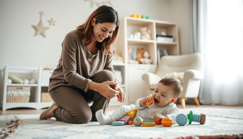 A cozy, warmly lit nursery scene depicting a caring parent gently comforting their teething baby. In the foreground, the parent, wearing comfortable, modest casual clothing, is kneeling beside a soft play mat. The baby, with a slight expression of discomfort, is playing with colorful, safe teething toys. In the middle, a soothing atmosphere is created by a well-organized shelf of soft toys and baby essentials, along with a plush rocking chair in a corner. In the background, a window allows soft, natural light to flood the room, highlighting a calming color palette of pastels. The mood is one of warmth, love, and support, showcasing the gentle bond between parent and child during the teething process. The composition is shot at eye level for an intimate feel.
