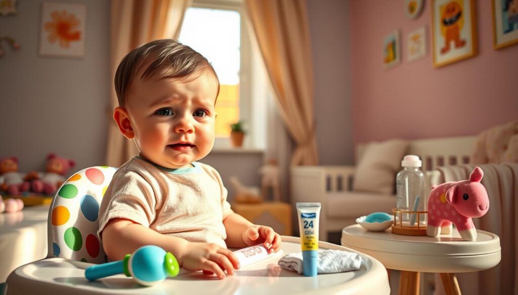 A cozy, well-lit nursery scene capturing the essence of teething symptoms in infants. In the foreground, a distressed but adorable baby sits in a colorful high chair, holding a soft teething toy, with red, flushed cheeks and watery eyes expressing mild discomfort. Nearby, a loving parent offers comfort, gently patting the baby's back. In the middle ground, various teething toys and soothing remedies, like a teething gel tube and a cool washcloth, are displayed on a small table. The soft pastel colors of the nursery walls create a calming atmosphere, while sunlight streams through a nearby window, casting a warm glow over the scene. The overall mood reflects a blend of concern and nurturing love, illustrating the common challenges of teething in babies. A cozy, well-lit nursery scene capturing the essence of teething symptoms in infants. In the foreground, a distressed but adorable baby sits in a colorful high chair, holding a soft teething toy, with red, flushed cheeks and watery eyes expressing mild discomfort. Nearby, a loving parent offers comfort, gently patting the baby's back. In the middle ground, various teething toys and soothing remedies, like a teething gel tube and a cool washcloth, are displayed on a small table. The soft pastel colors of the nursery walls create a calming atmosphere, while sunlight streams through a nearby window, casting a warm glow over the scene. The overall mood reflects a blend of concern and nurturing love, illustrating the common challenges of teething in babies.
