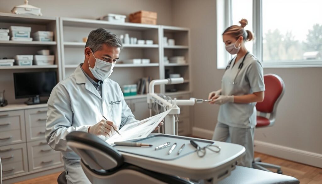 A dental clinic setting featuring a professional dentist and a dental assistant preparing for tooth extraction. In the foreground, the dentist, dressed in a clean, white lab coat and surgical mask, is examining dental charts and tools, with a focused expression. The dental chair is visible, with dental equipment neatly arranged on a tray. In the middle ground, the dental assistant stands by, holding sterilized instruments and providing support, also in professional attire. The background showcases shelves with dental supplies and a large window allowing natural light to illuminate the room, creating a calm, sterile environment. The atmosphere is one of professionalism and care, highlighting the precision required in dental extractions.